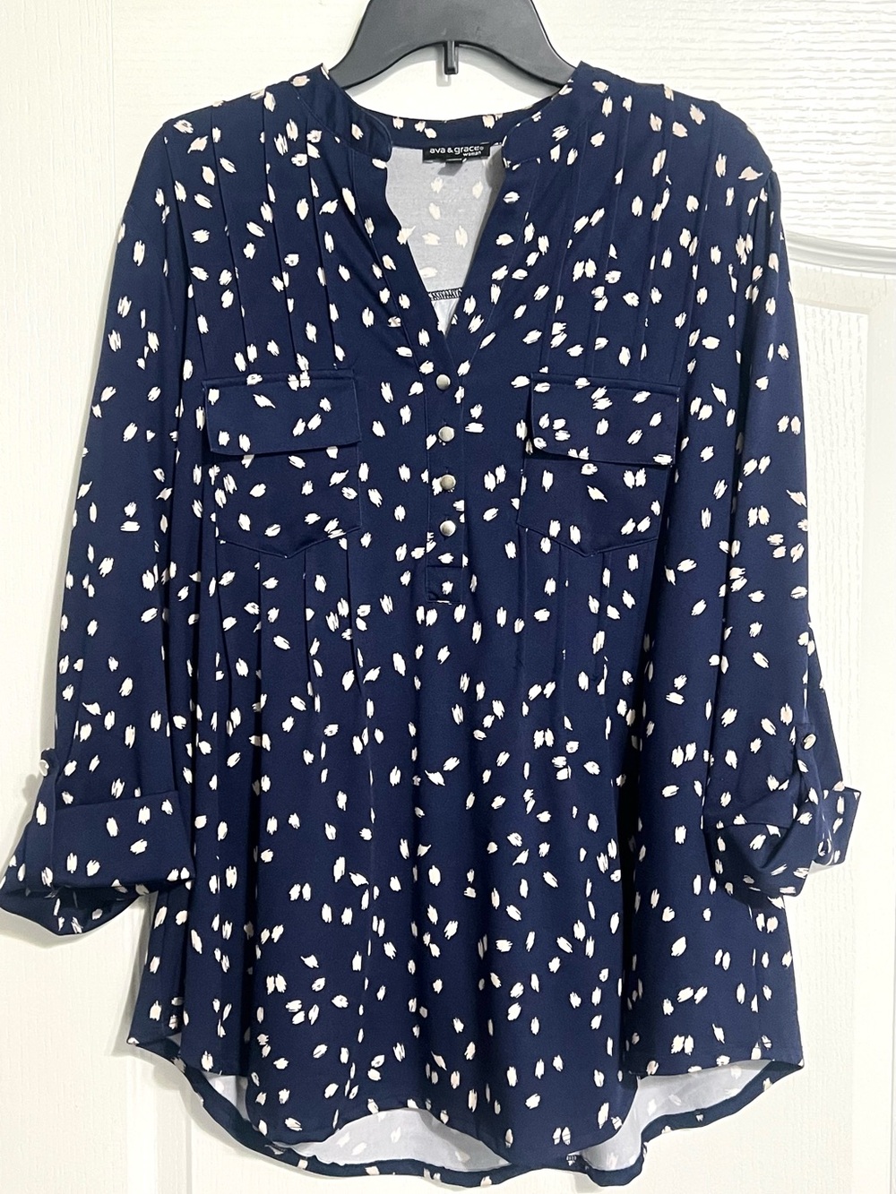 Women's Navy Blue/Cream Printed V-Neck Blouse Dress 1X Ava & Grace